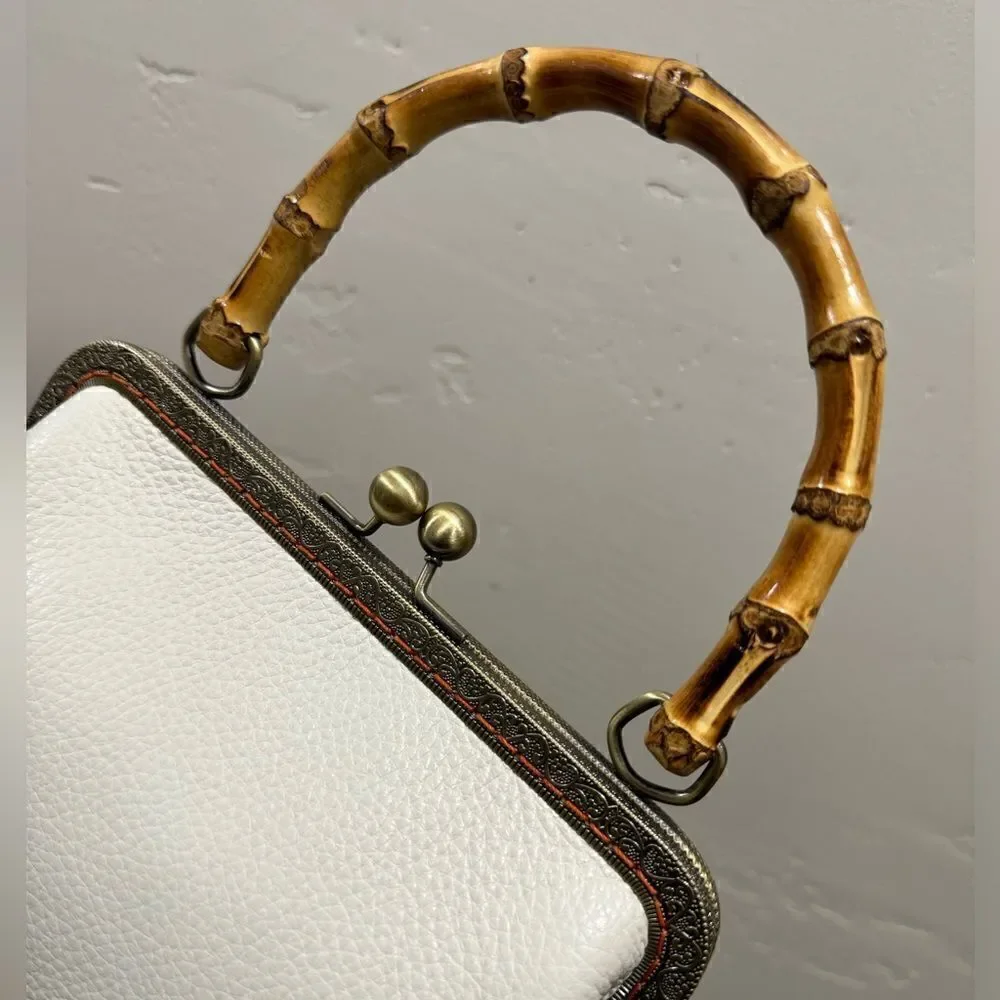 Handsewn Genuine Pebble Leather, Retro Style Kisslock & Bamboo Handle Bag Set